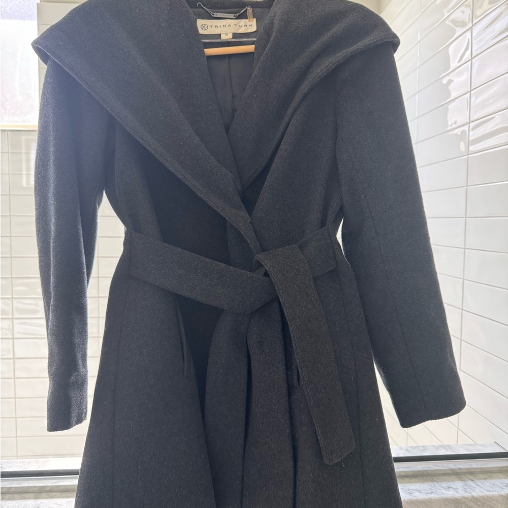 Trina Turk Black Wool Wrap Coat with Chain Detail